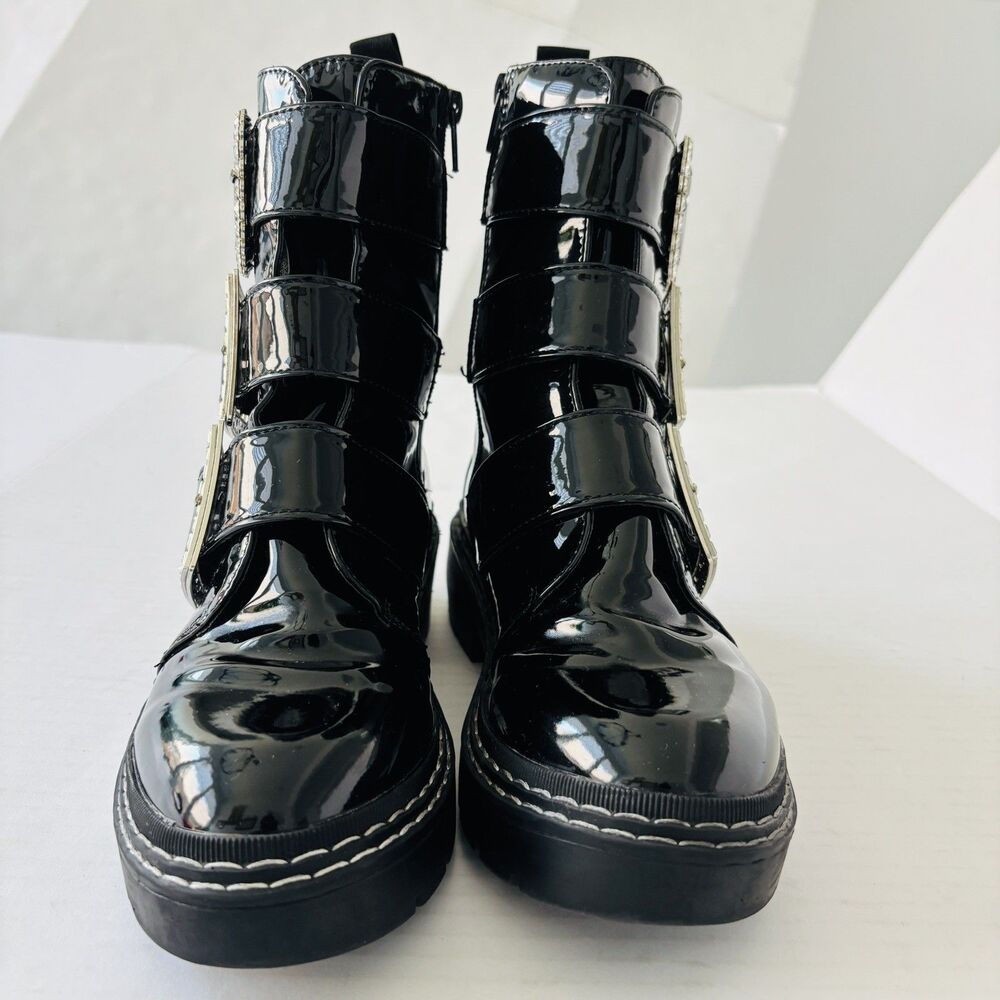 River Island Combat Boots Womens Size 7 Black Biker Crystal Buckle Straps Grunge - Picture 7 of 13